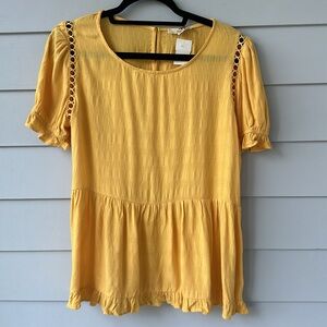 NWT Entro Golden Yellow Detailed Short Sleeve Babydoll Top